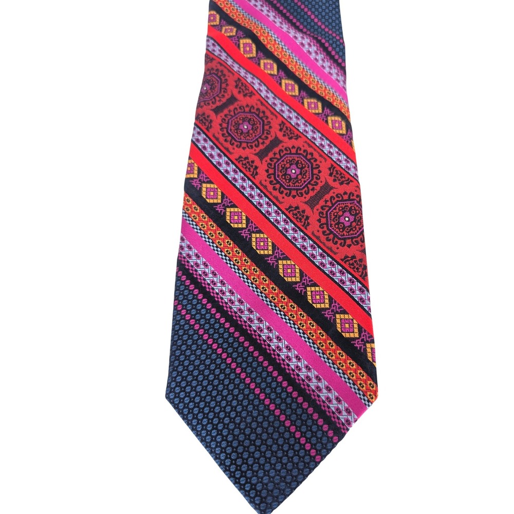 Robert Graham Necktie Mens Red Purple Silk Geometric Medallion Striped Luxury